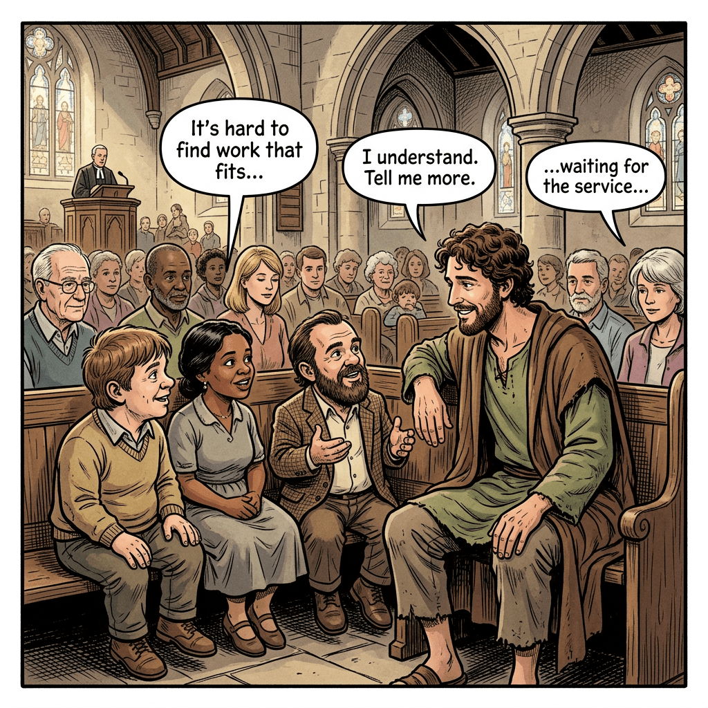 Group of people sitting in church pews talking and waiting for service