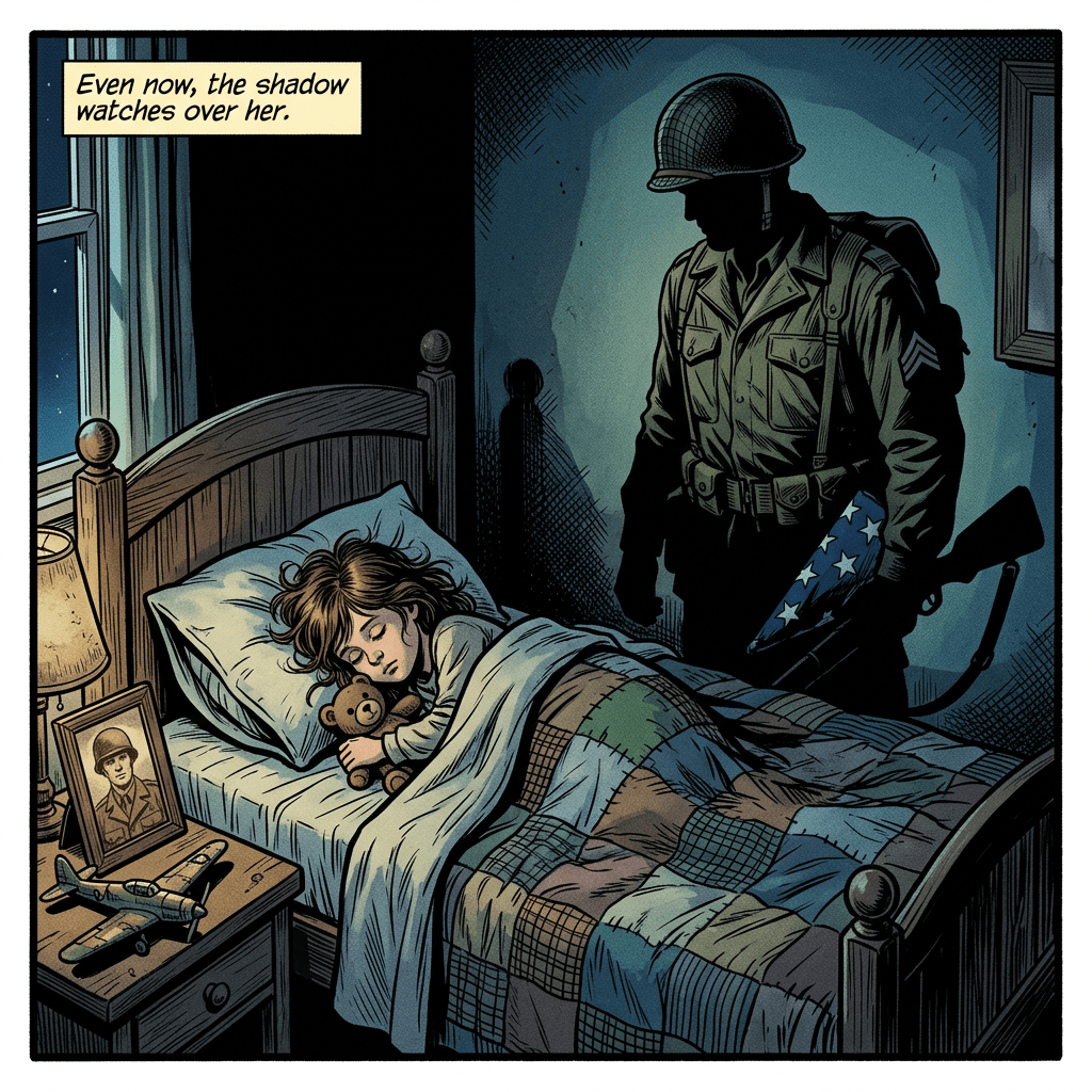 Sleeping child clutching teddy bear with soldier silhouette holding flag and rifle nearby