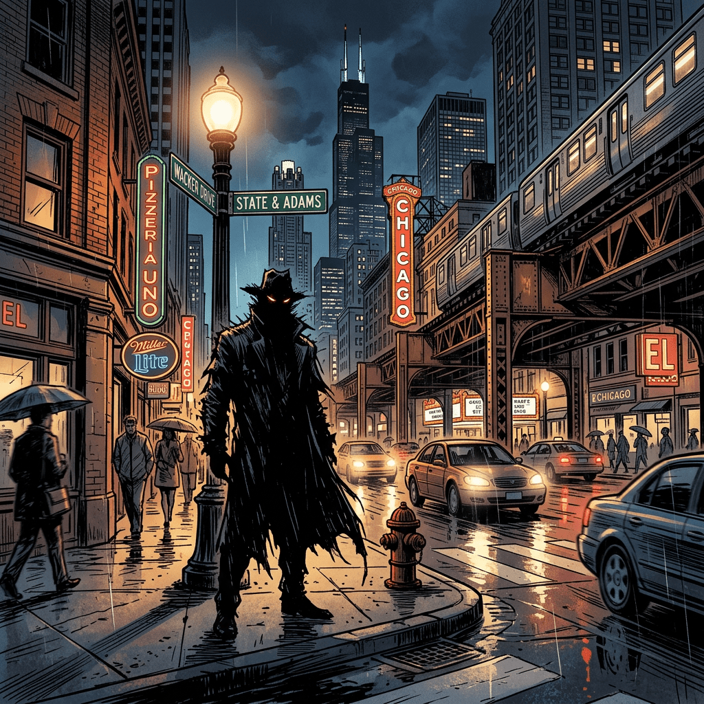 Silhouetted figure with glowing eyes on a rainy Chicago street corner at night