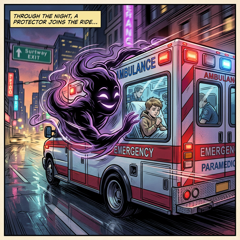 Benevolent shadow riding ambulance with sick boy