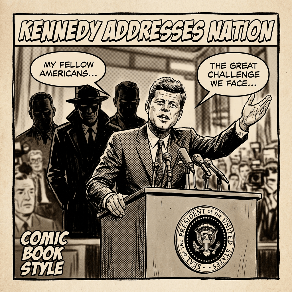 John F. Kennedy speaking at a podium with presidential seal and microphones, addressing the nation.