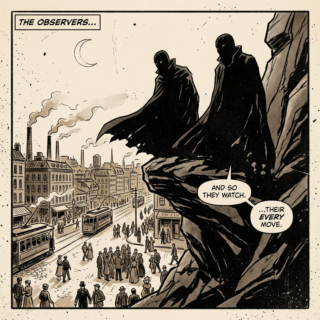 Two cloaked figures standing on a cliff watching an industrial city below at night