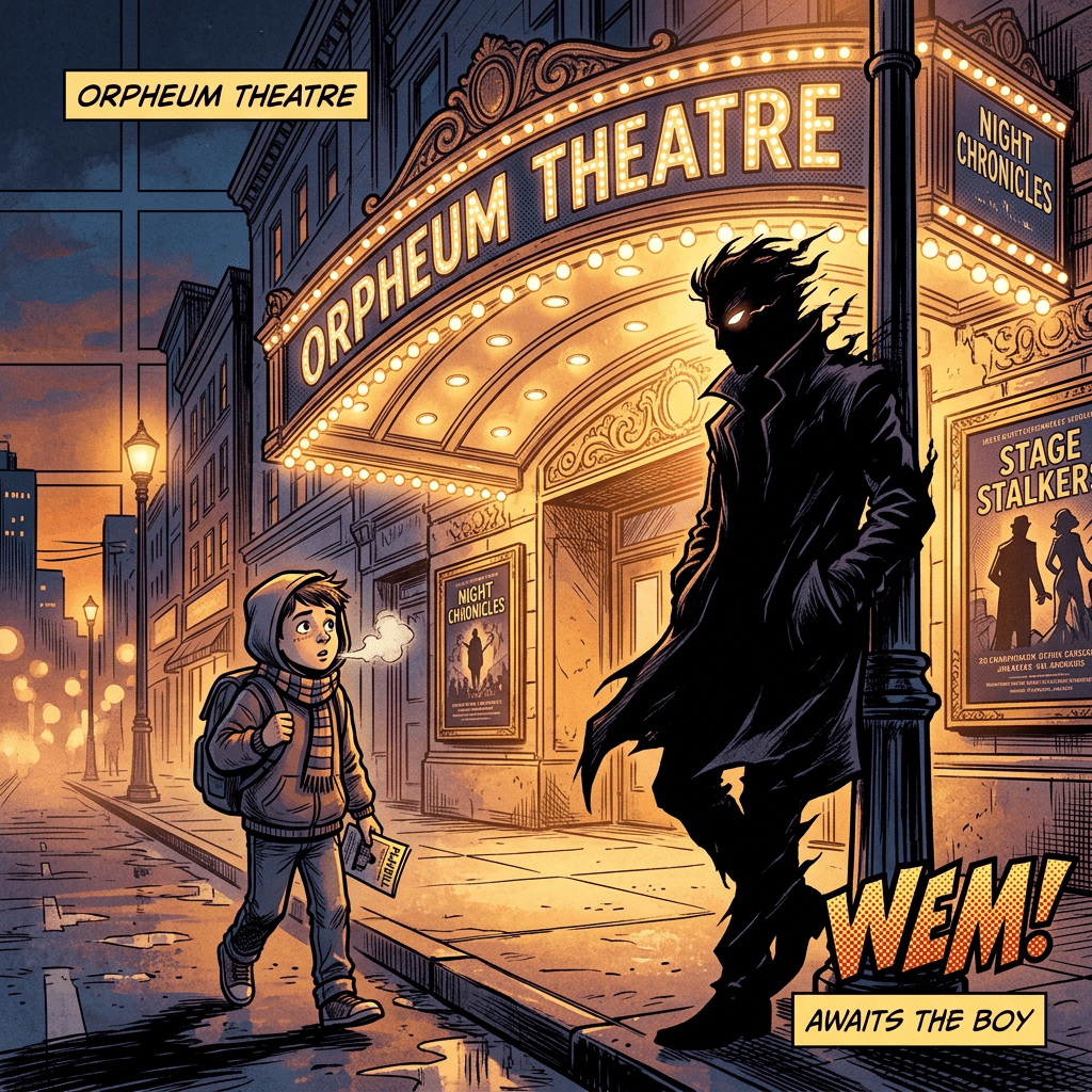 A boy in a hoodie and scarf stands near a dark, shadowy figure leaning against a lamppost outside the illuminated Orpheum Theatre.