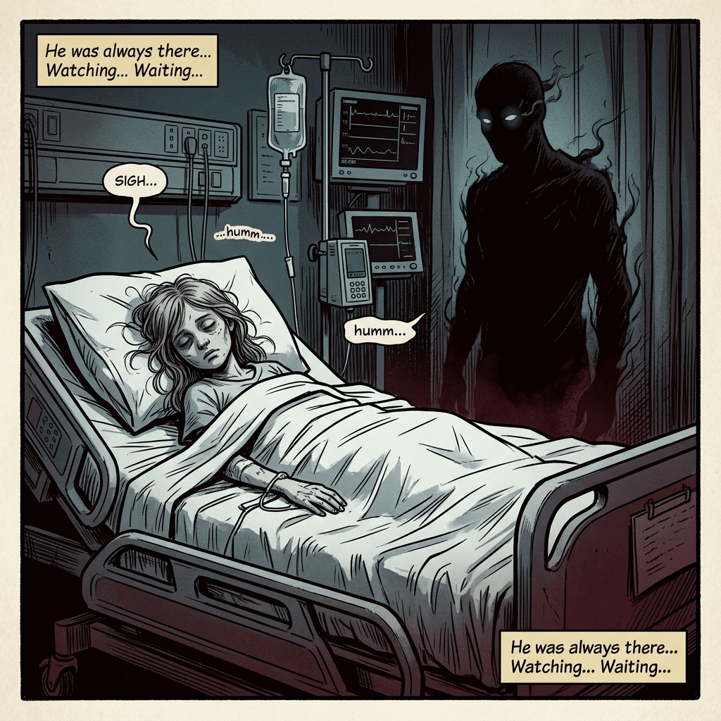 Shadow man at sick girl's hospital bed