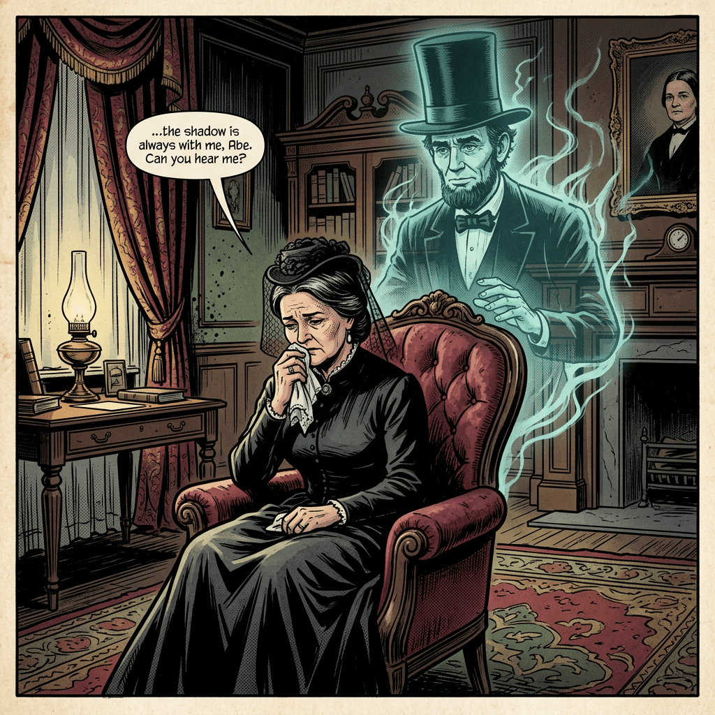 Grieving woman in black Victorian dress talks to ghostly Abraham Lincoln in a Victorian room