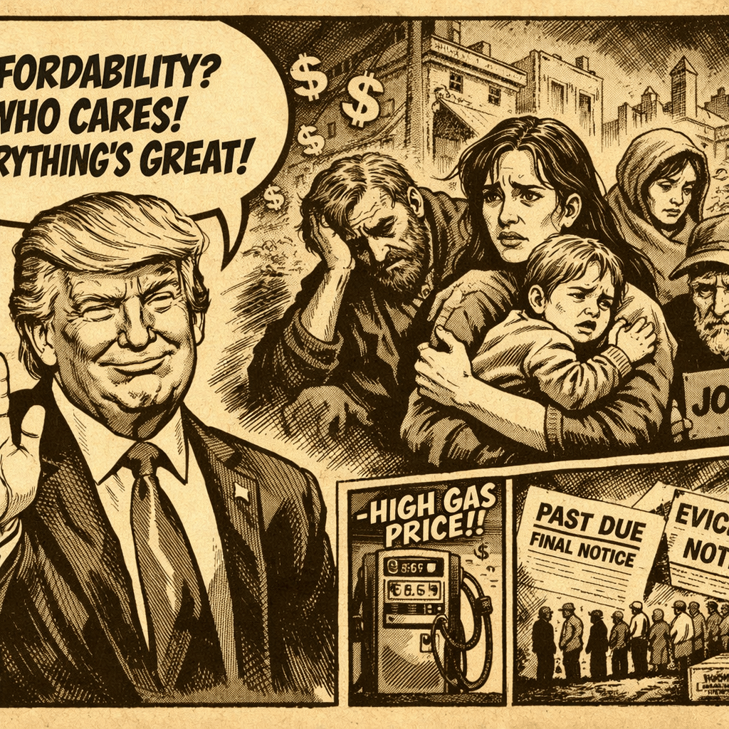 A politician smiling and waving with speech bubble 'AFFORDABILITY? WHO CARES! EVERYTHING'S GREAT!' while distressed people face high gas prices, eviction notices, and financial hardship.