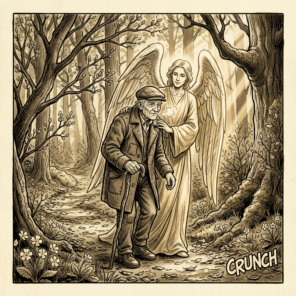Elderly man with walking stick being supported by a winged angel in a forest