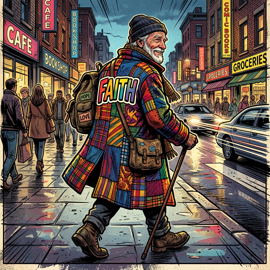 Add multicolored coat labeled Faith to old man