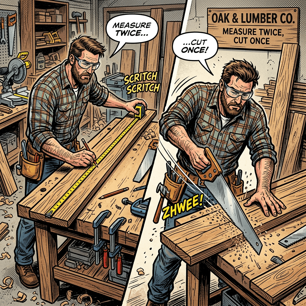 Carpenter measuring twice, cutting board once