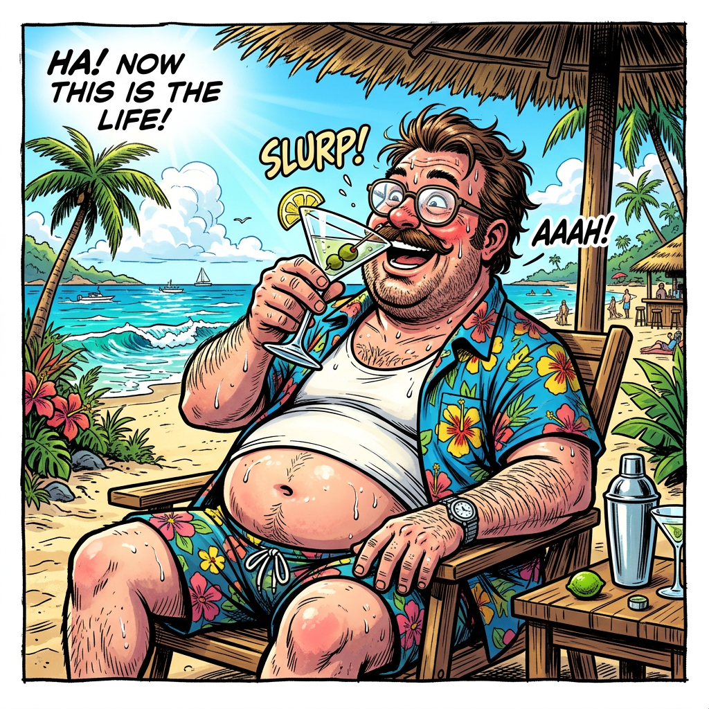 Man sweating and drinking cocktail by beach under a straw umbrella