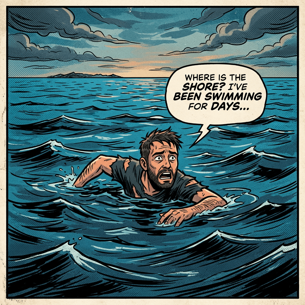 Man swimming in ocean, looking worried, asking where shore is