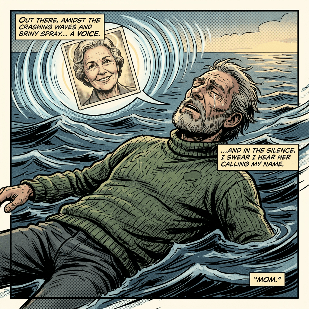 Elderly man floating in the ocean hearing a voice of his mother calling him