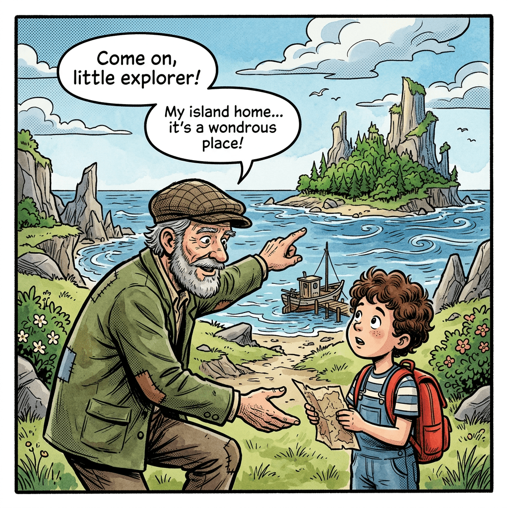 Elderly man pointing to island while talking to child holding a map near the sea