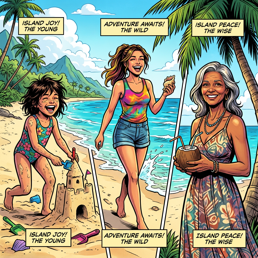 Three ages of same woman happy on island