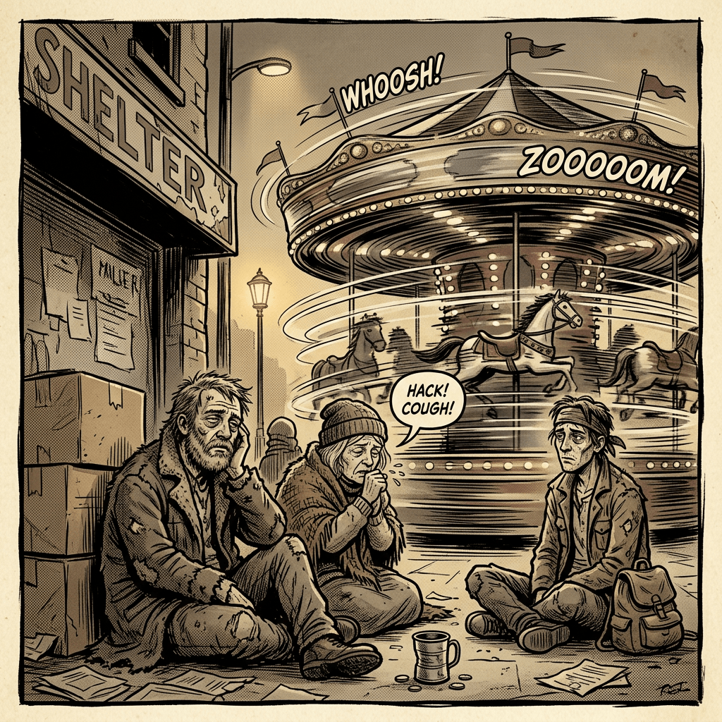 Three homeless people sitting near a shelter with a carousel spinning nearby