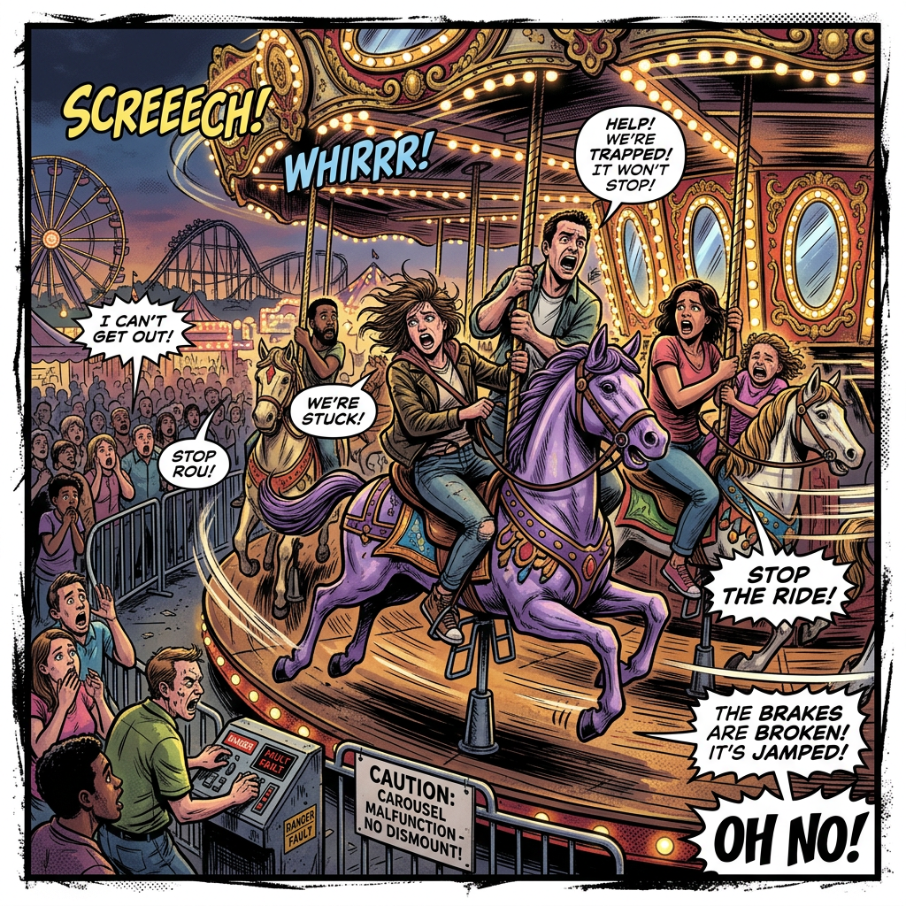 Carousel malfunction traps riders as brakes fail and ride keeps spinning