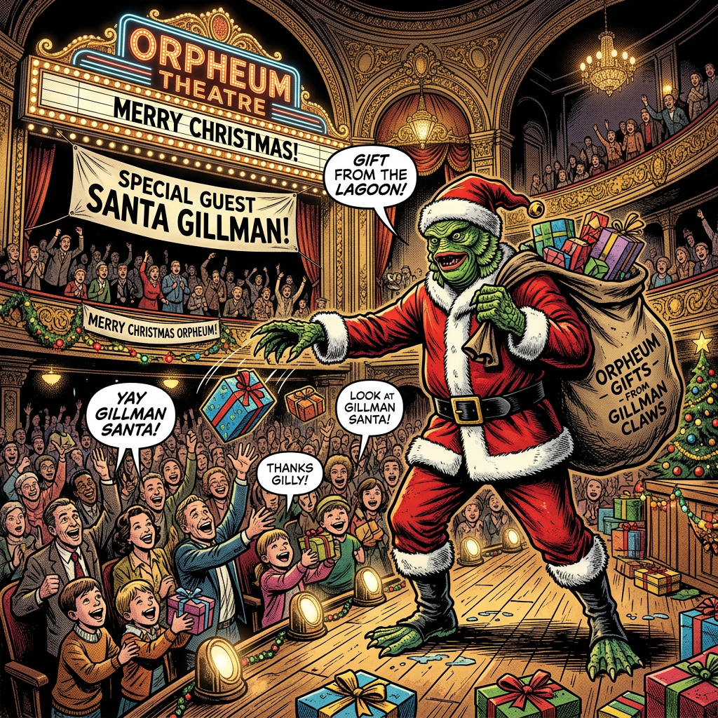 Creature dressed as Santa giving gifts to children at Orpheum Theatre holiday event