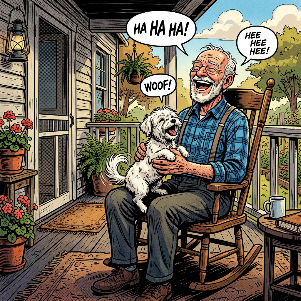 Elderly man laughing while holding a small white dog on his lap on a front porch