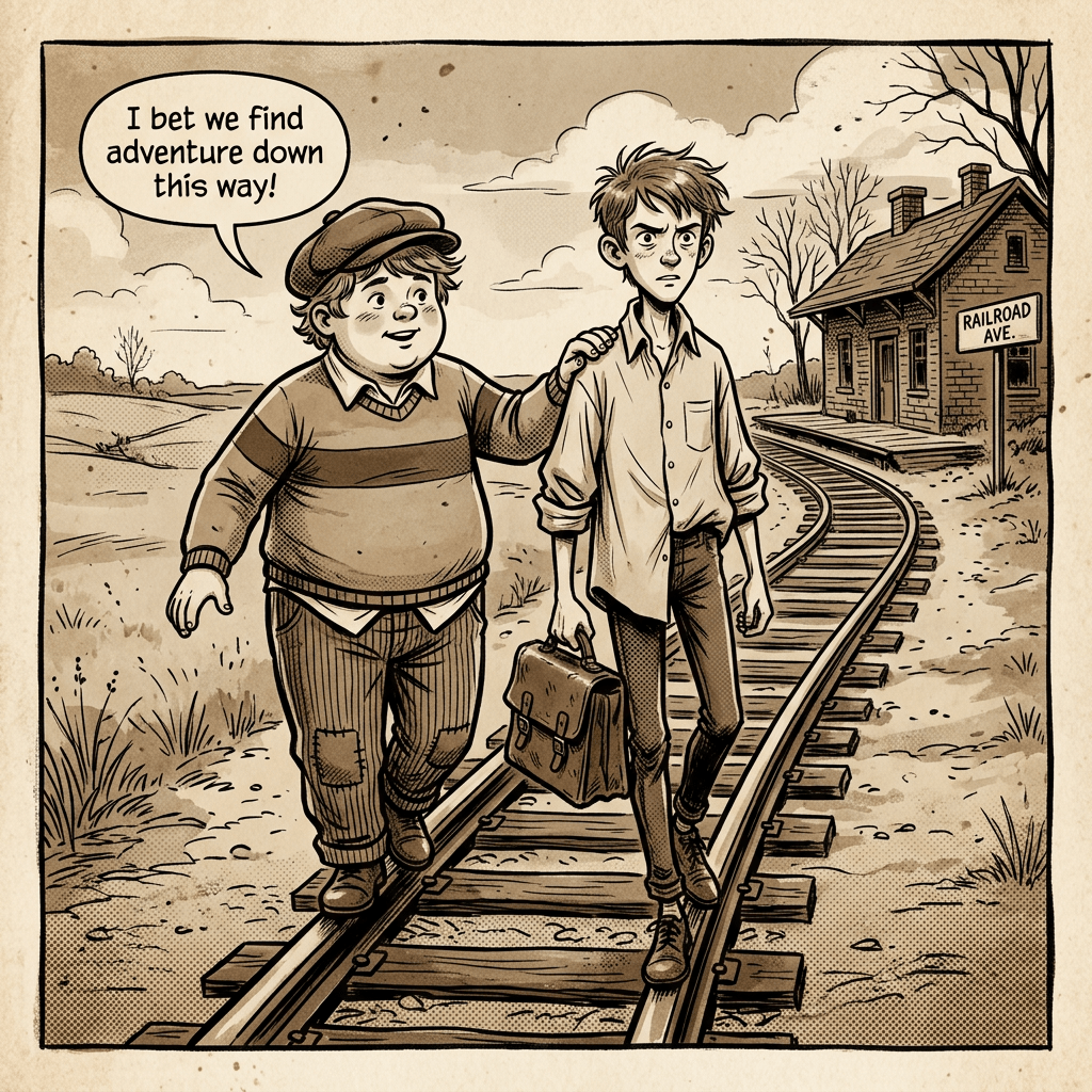 Two boys walking on railroad tracks near a small building with a sign reading Railroad Ave.