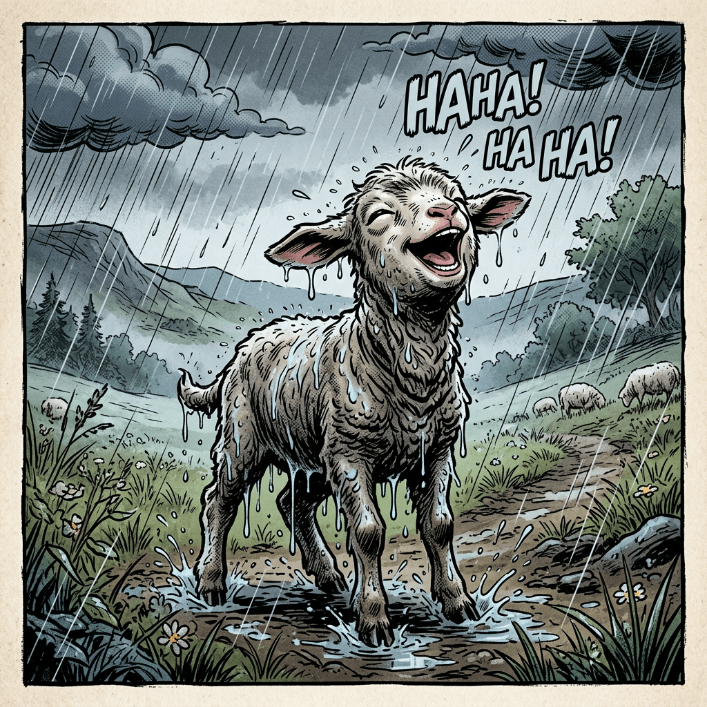 A wet lamb standing and laughing in the rain on a grassy path with hills and other sheep in the background