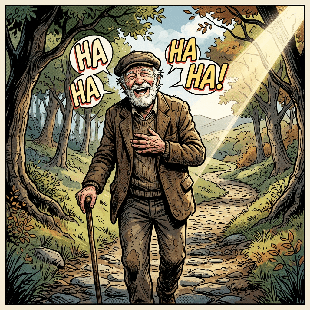 Elderly man with cane laughing on a wooded trail under sunlight