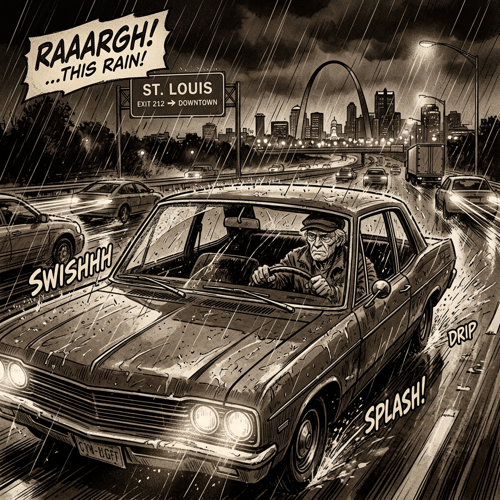 Old man driving to St. Louis, torrential rain, sepia
