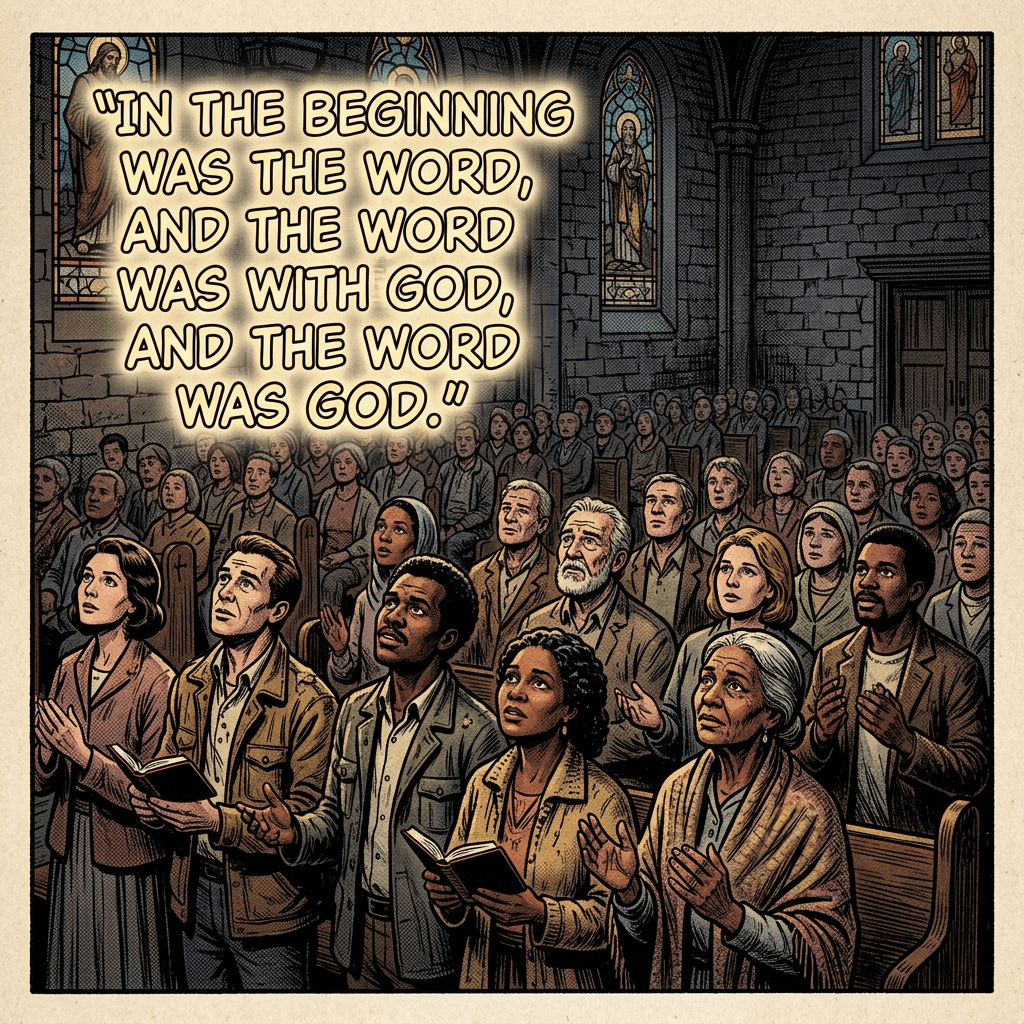 Scripture words glow over congregation