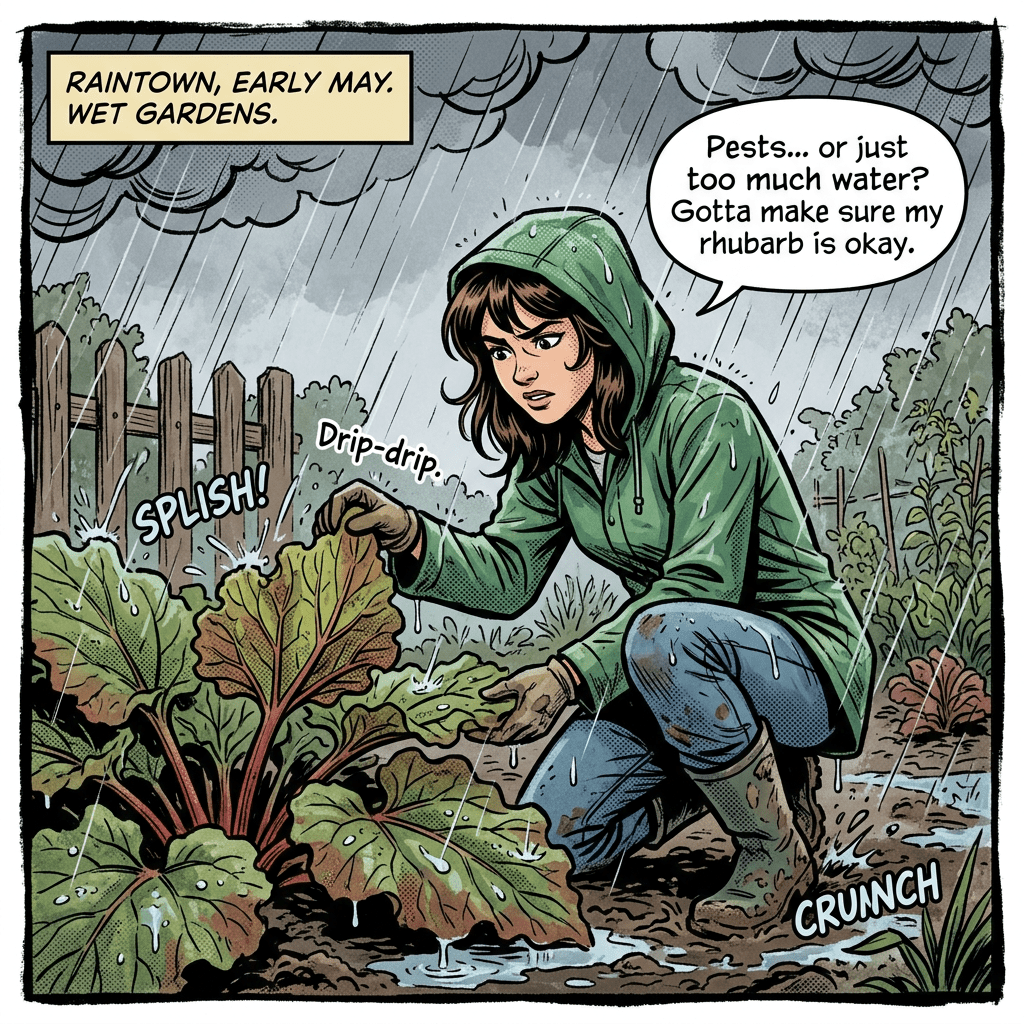 Woman in green raincoat examining rhubarb leaves in rainy garden