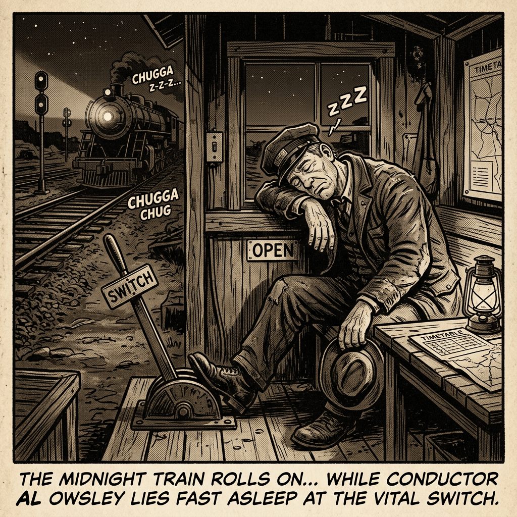 Train conductor asleep in switch cabin with train passing outside at night