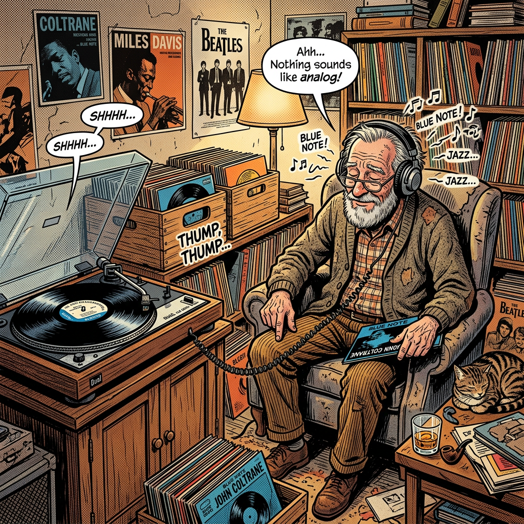 Elderly man listening to jazz vinyl records with headphones in a room filled with albums