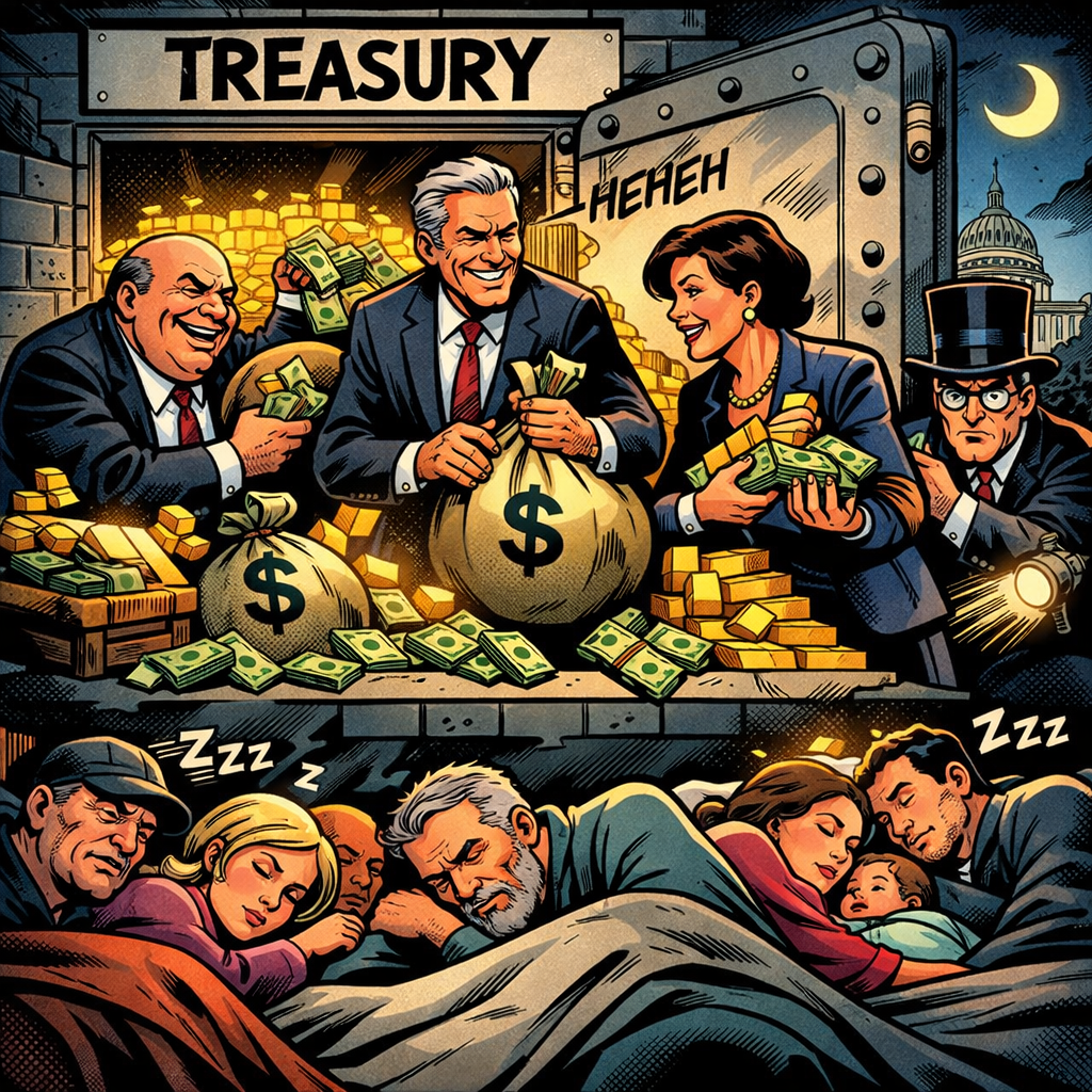 Cartoon showing corrupt officials taking money from treasury while poor people sleep outside