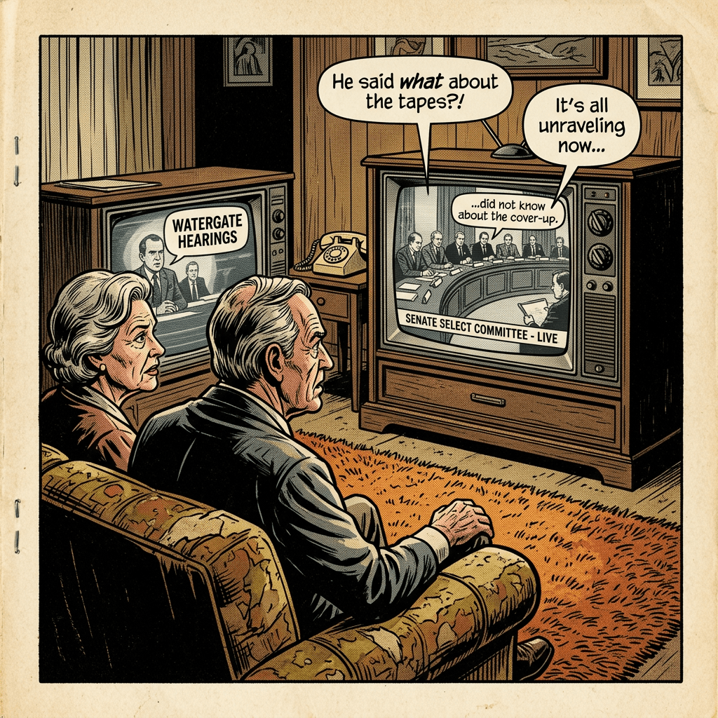 Couple watching Watergate Senate hearings live on vintage televisions