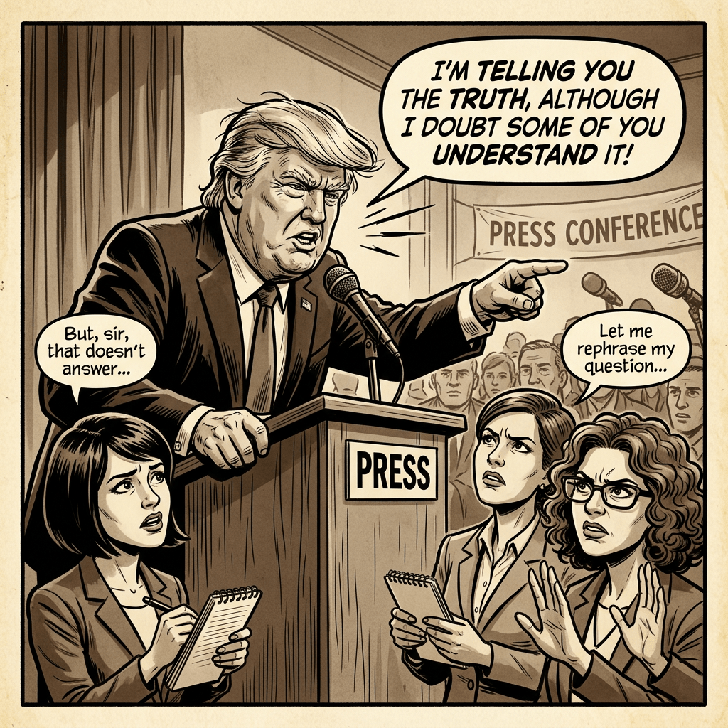 Cartoon of a man at a press conference pointing and speaking to three female reporters who look confused and skeptical
