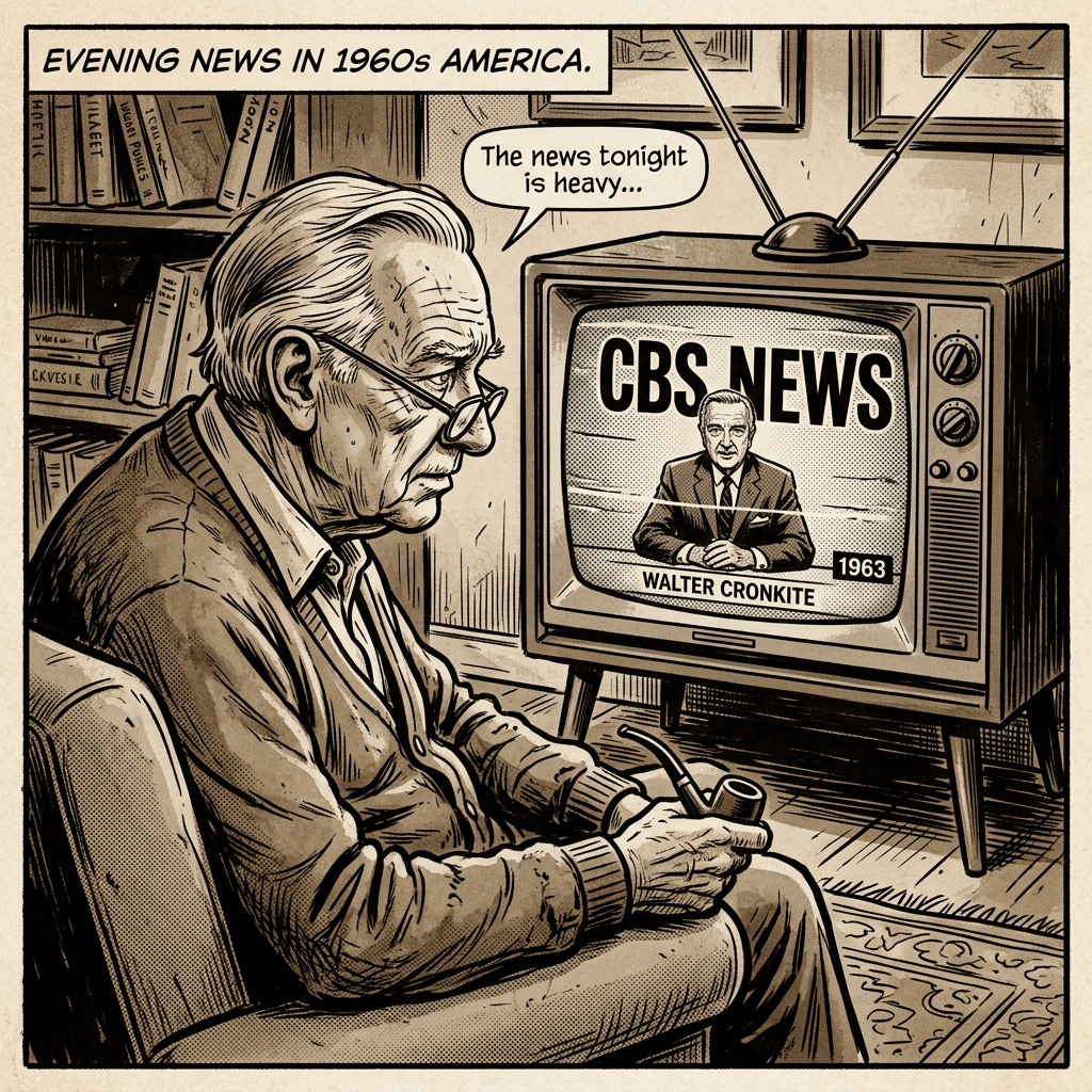Old man watching 1960s CBS news sepia
