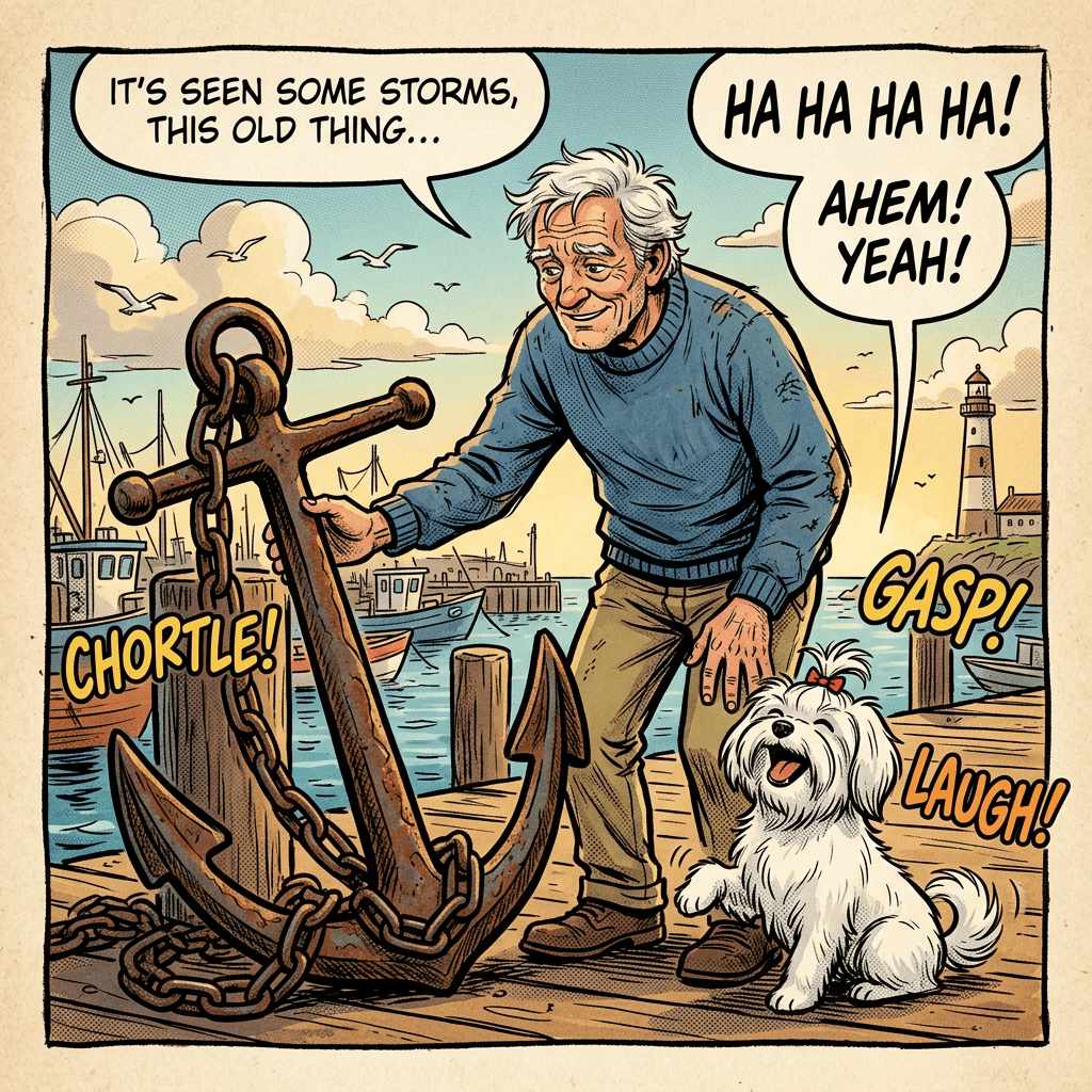 Old man admires anchor with laughing Maltese