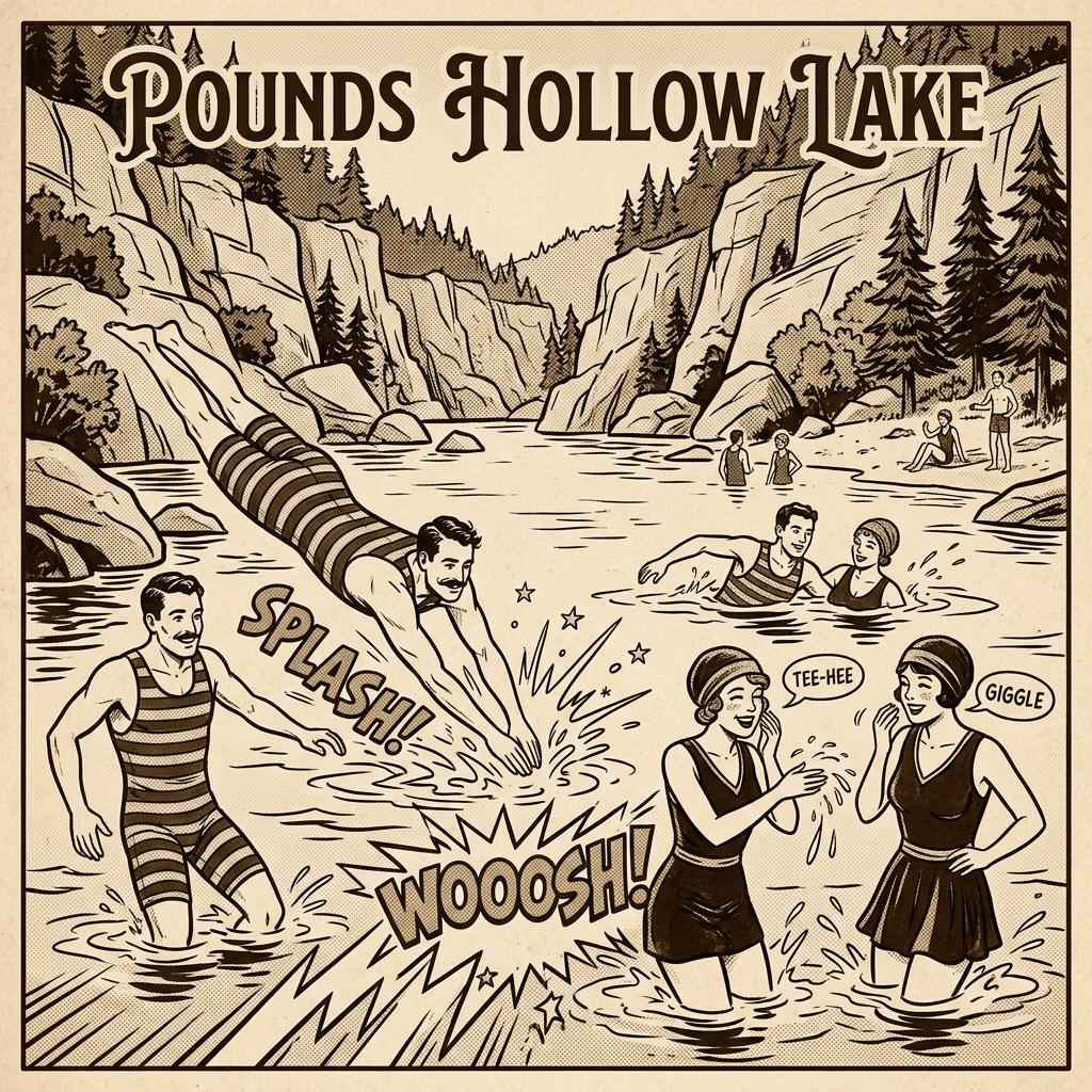 Men and women in vintage swimsuits swimming and splashing in a lake surrounded by cliffs and trees