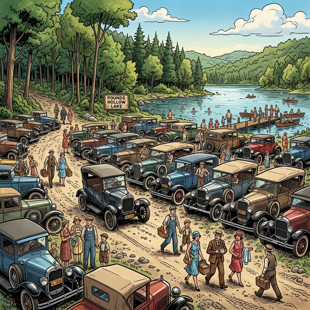 Crowded parking area with vintage 1920s cars and people near Pounds Hollow Lake