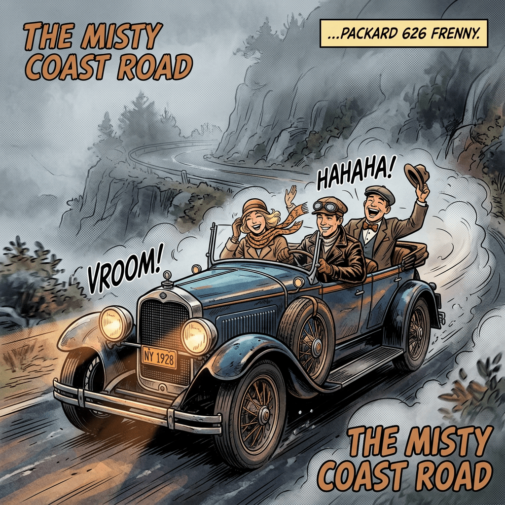 Three cheerful people riding in a blue 1928 Packard convertible on a foggy coastal road
