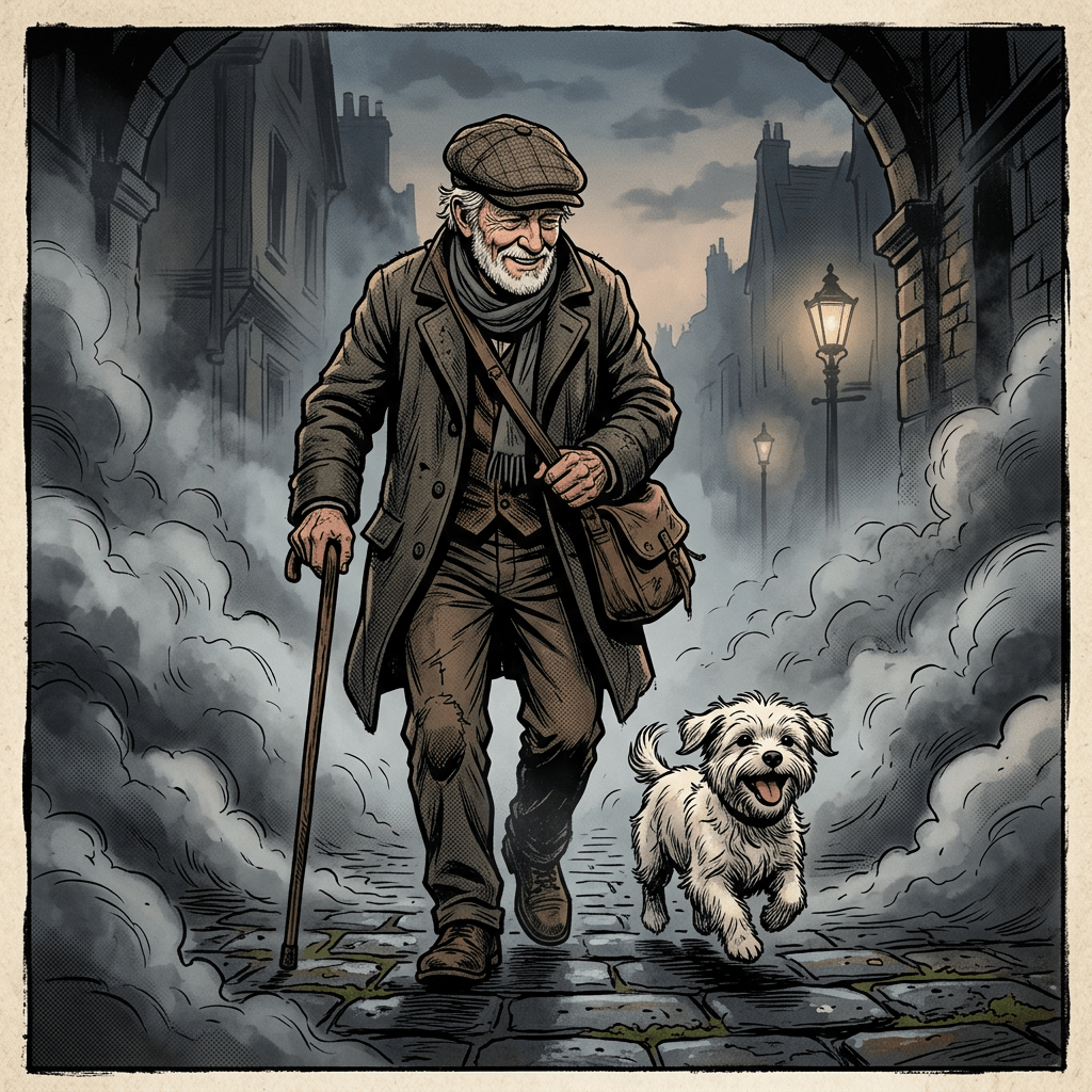 Elderly man with cane walking a small happy dog on a foggy cobblestone street with lampposts.