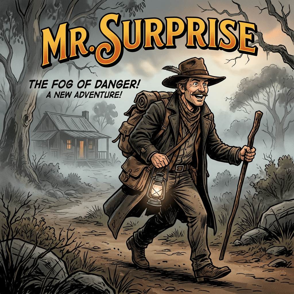 Mr Surprise in outback hat, foggy 1920s scene