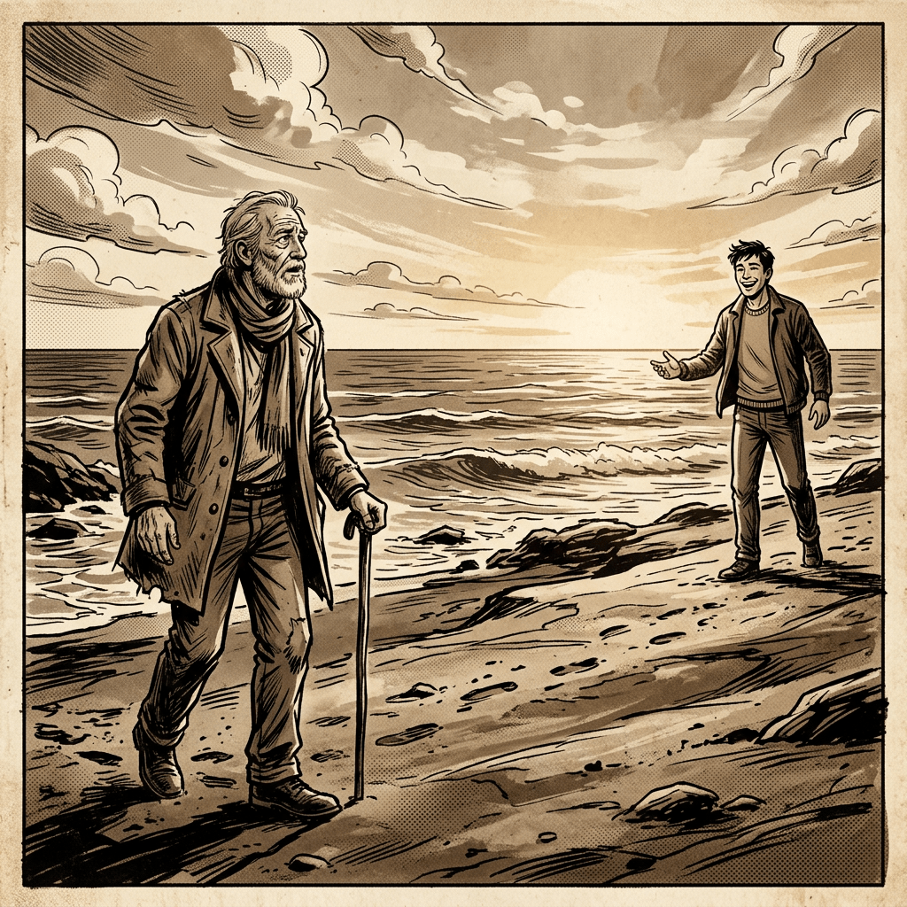 Elderly man walking with cane on beach approaching smiling young man with open hand