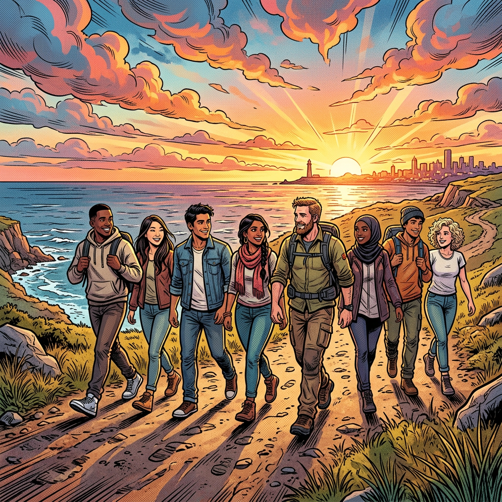 Diverse people walking toward horizon together
