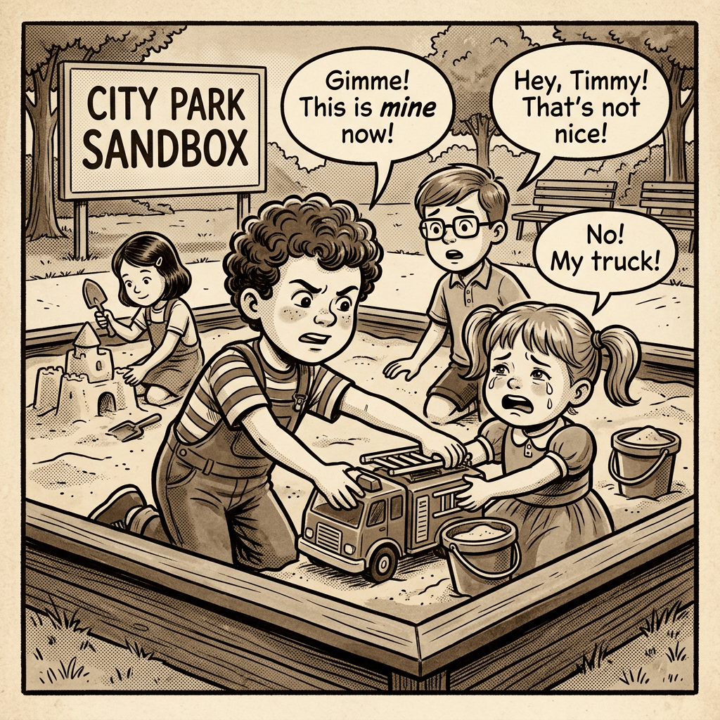 Children in a city park sandbox, two kids fighting over a toy truck, one crying, another upset, a third playing nearby