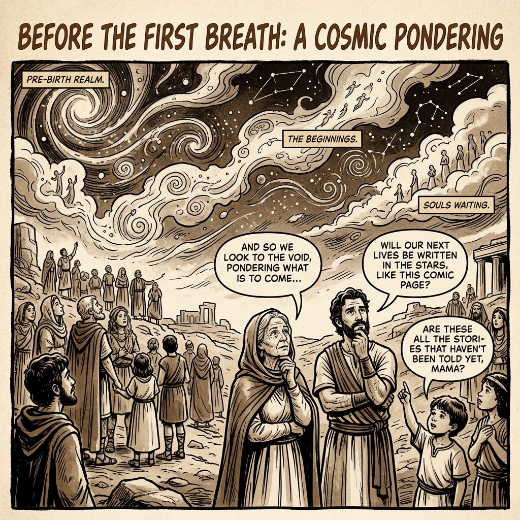 Ancient-style figures looking at swirling stars and cosmic clouds, contemplating future lives and stories.
