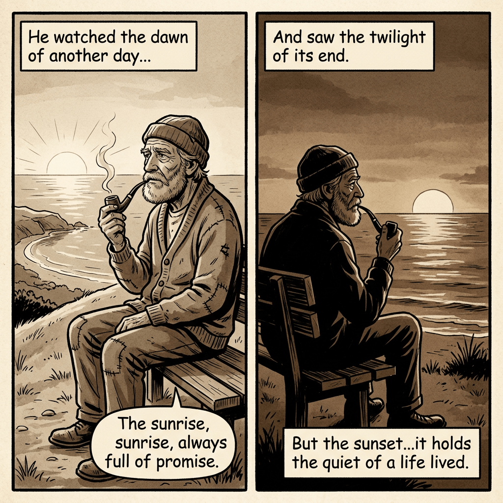 Elderly man with a pipe sitting on a bench by the sea watching sunrise and sunset