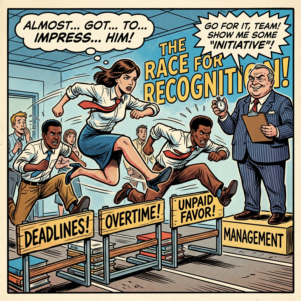 Workers jumping boss-set hurdles for favor