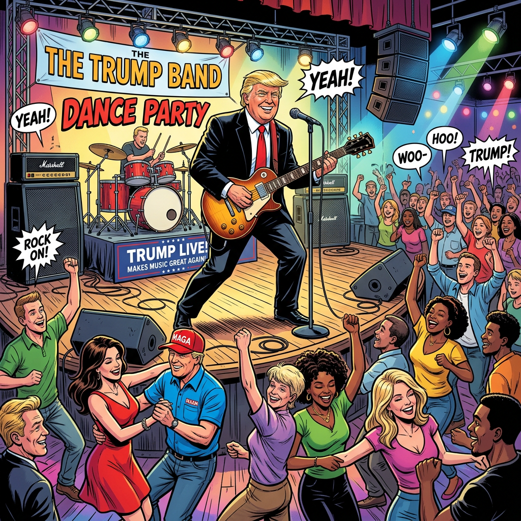 Trump playing music as people dance