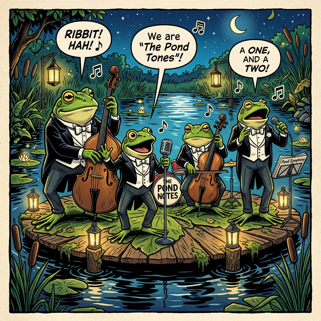 Four frogs in tuxedos playing instruments and singing on a lily pad stage at night