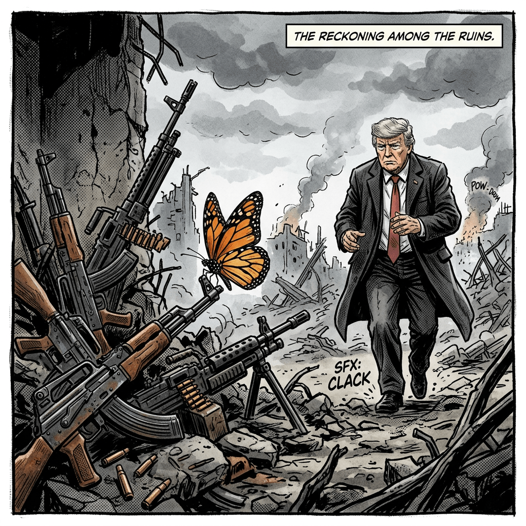 Man in suit walking through ruins with rifles and butterfly nearby