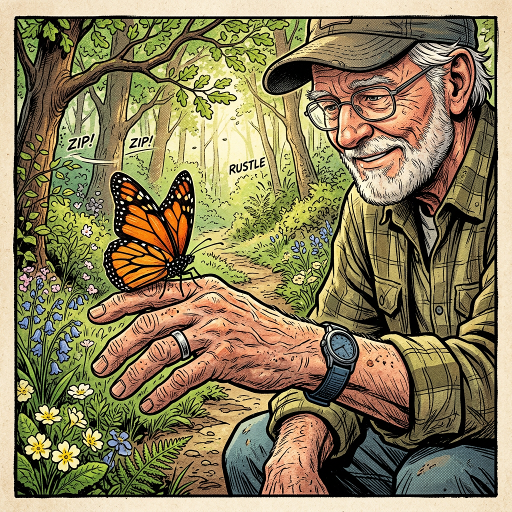Elderly man with glasses and cap smiling at a monarch butterfly on his hand in a forest path